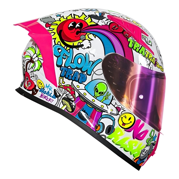 Capacete Moto Norisk Flow Trap Desenho Branco Rosa Feminino Masculino C/ Spoiler + Viseira Extra