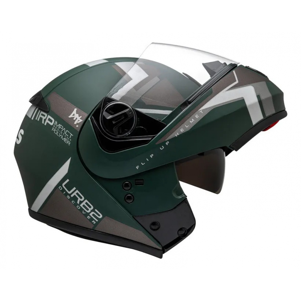 Capacete Moto Robocop Articulado Peels Urban U-Rb2 Discover Verde Militar Escamoteável C/ Oculos