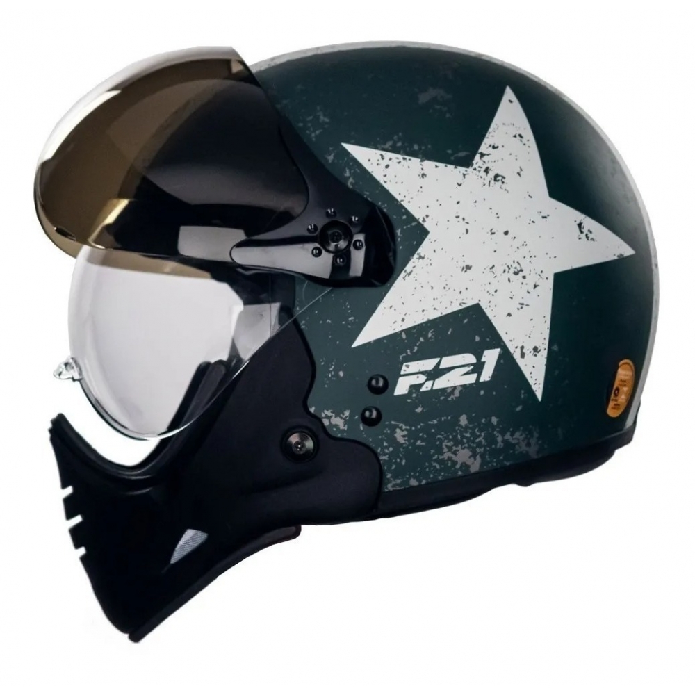 Capacete Moto Custom Peels F21 Us Army Tank Aviador C/ 2 Viseiras Queixeira Removível - Verde Militar