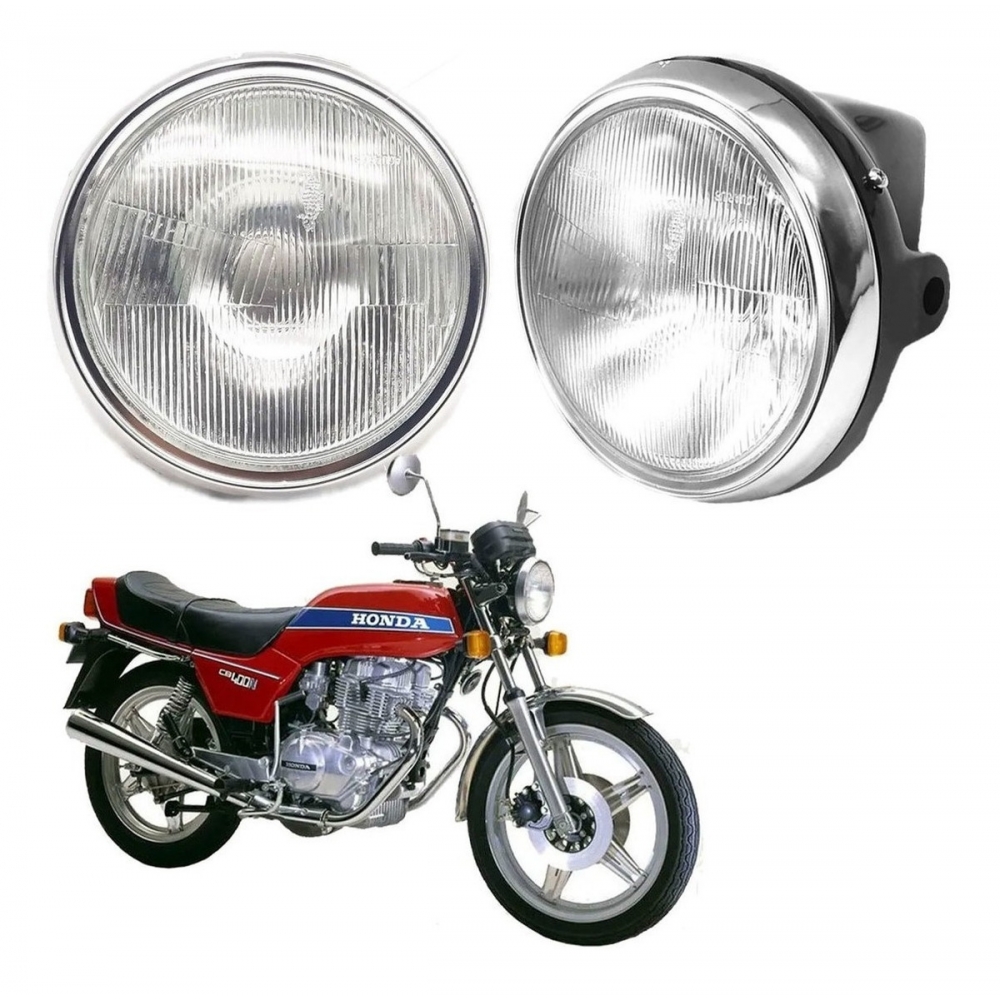 Farol Bloco Ótico Optico Completo Moto Cb 400 Lente Vidro Redondo Modelo Original Aro Cromado