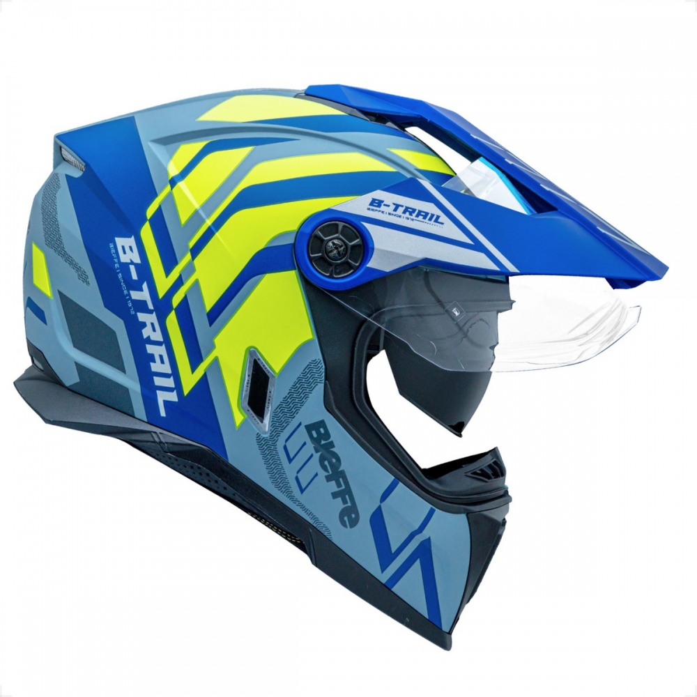 Capacete Moto Bieffe Big B Trail Defender Cross Cinza Fosco Azul C/ Óculos Sol Lançamento