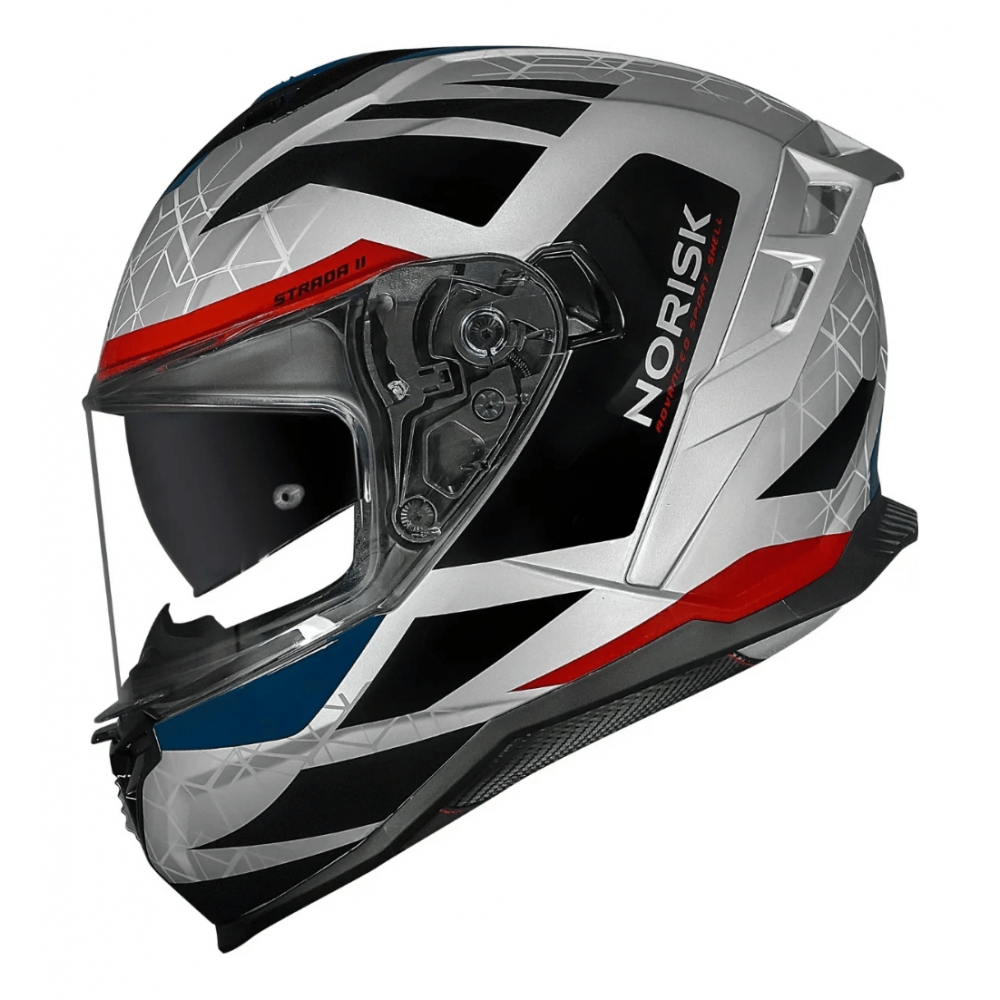 Capacete Moto Fechado Norisk Strada 2 Evoque Cinza Azul Vermelho C/ Óculos Interno Lançamento
