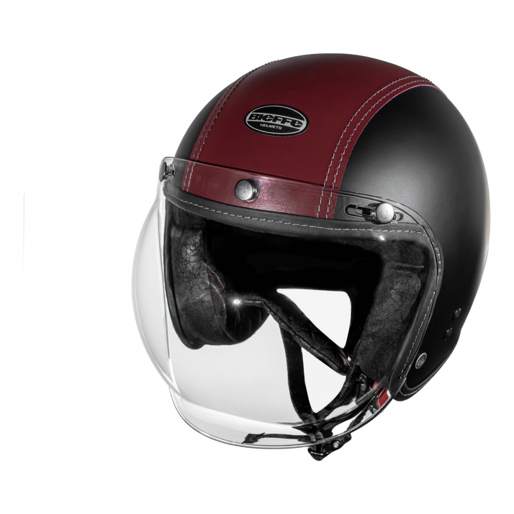Capacete Aberto Custom Bieffe B45 Harley Old School Vintage Cafe Racer Preto Couro Vermelho