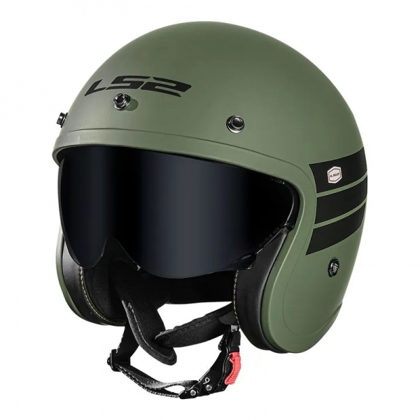 Capacete Moto Aberto Ls2 Of599 Spitfire Custom Vintage Retro Harley C/ Óculos e Selo Inmetro Masculino Feminino - Verde Militar Fosco