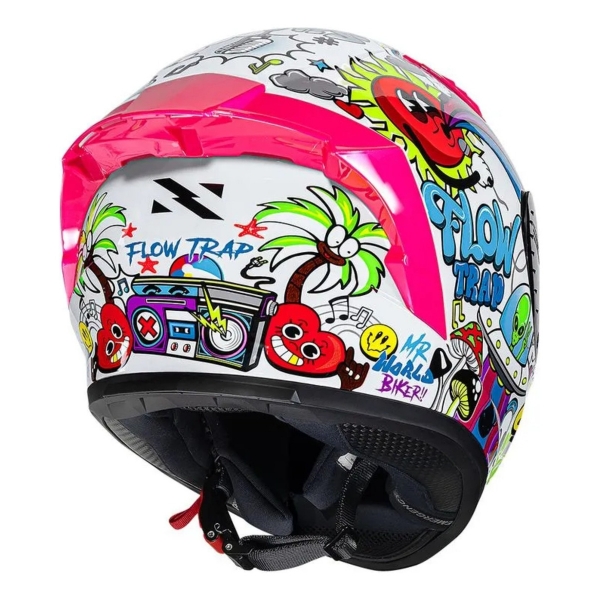 Capacete Moto Norisk Flow Trap Desenho Branco Rosa Feminino Masculino C/ Spoiler + Viseira Extra