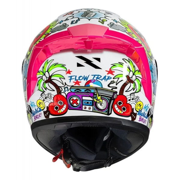 Capacete Moto Norisk Flow Trap Desenho Branco Rosa Feminino Masculino C/ Spoiler + Viseira Extra