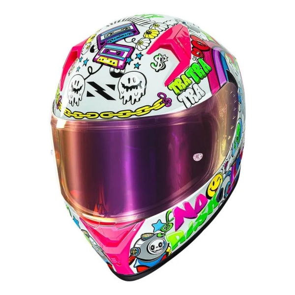 Capacete Moto Norisk Flow Trap Desenho Branco Rosa Feminino Masculino C/ Spoiler + Viseira Extra