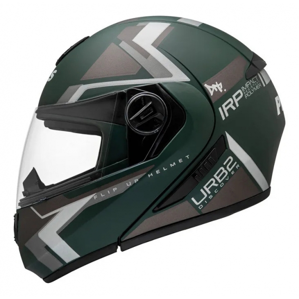 Capacete Moto Robocop Articulado Peels Urban U-Rb2 Discover Verde Militar Escamoteável C/ Oculos