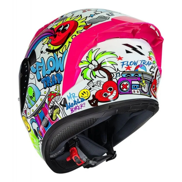 Capacete Moto Norisk Flow Trap Desenho Branco Rosa Feminino Masculino C/ Spoiler + Viseira Extra